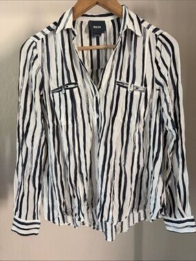 Maeve Anthologie Striped Button Down Blouse Shirt Pocketed Preppy Boho XS